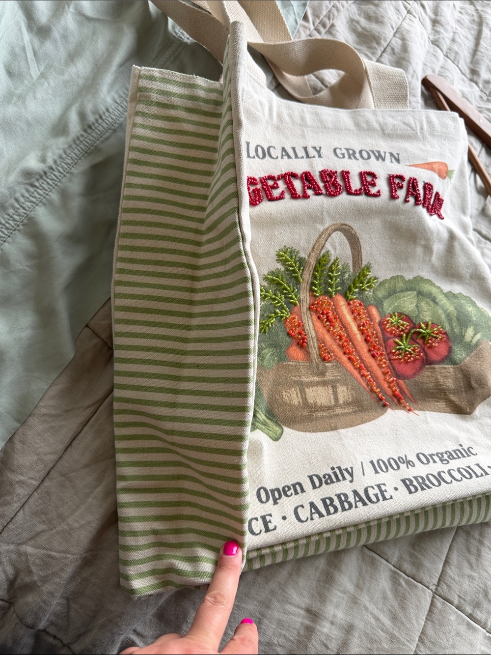 Locally Grown Vegetable Farm Canvas Tote - Cream with Red & Green Print - Picture 3 of 4